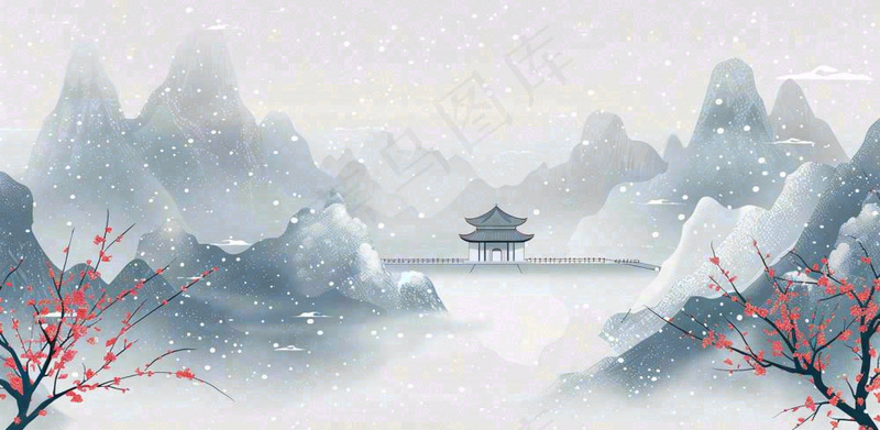 大寒冬天中国风水墨插画小寒冬季唯美雪景梅花插画背景(1568x768)