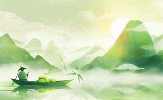 端午时节青山绿水泛舟竹叶中国风插画背景