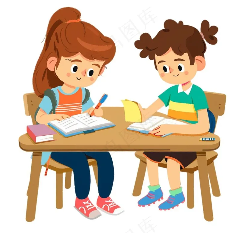 学生们坐着课桌上学习交流写作业卡通插画免抠(1056x1024)