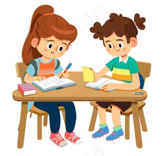 学生们坐着课桌上学习交流写作业卡通插画免抠