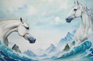 手绘风节气马头墙山水画图片