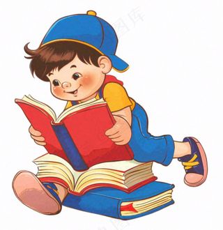 坐着书本上的学生阅读看书人物卡通插画免抠