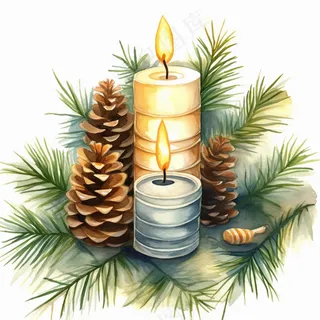 蜡烛松针松果水彩插画插图背景