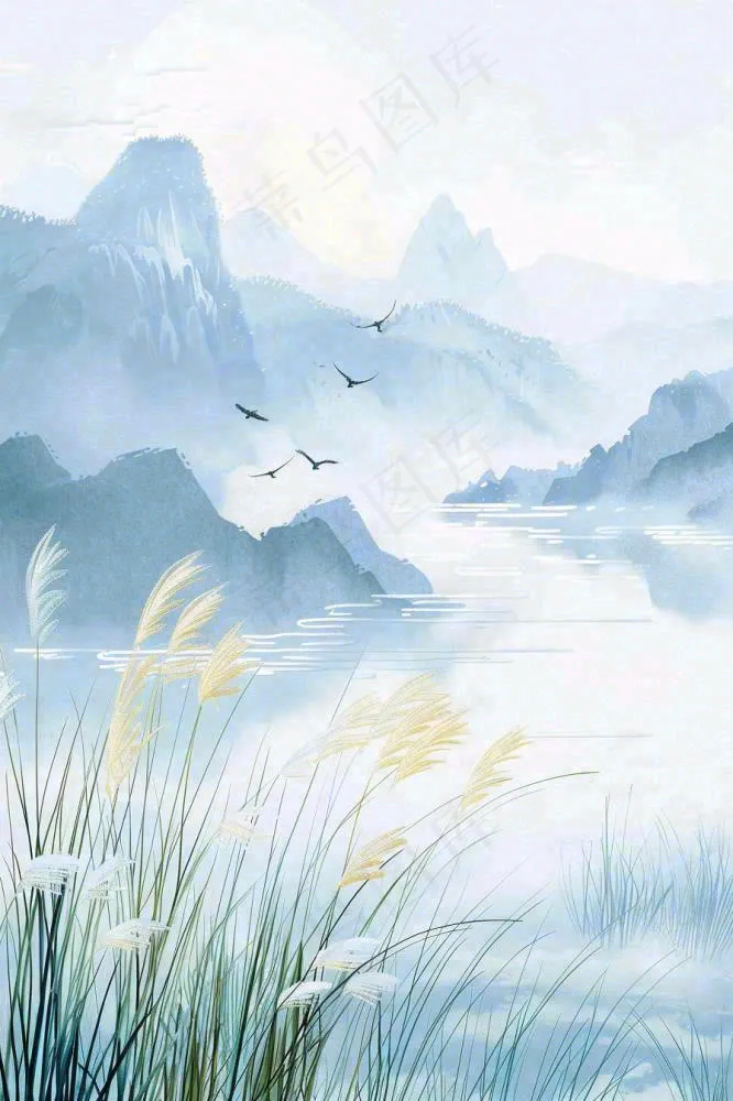 山水水墨芦苇白鹭古风白露寒露处暑插画水彩画背景(896x1344)