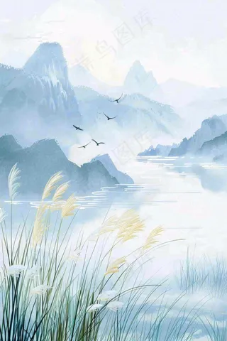 山水水墨芦苇白鹭古风白露寒露处暑插画水彩画背景