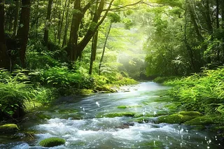 森林里的小溪河流阳光丁达尔效应摄影图