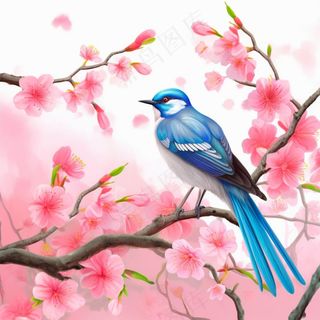 桃花樱花树枝上的蓝色小鸟插画背景