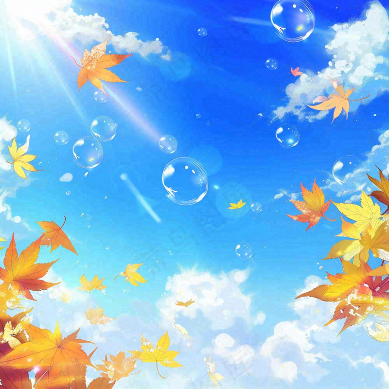 秋天黄色枫叶落叶蓝天白云刺眼阳光立秋秋分处暑背景