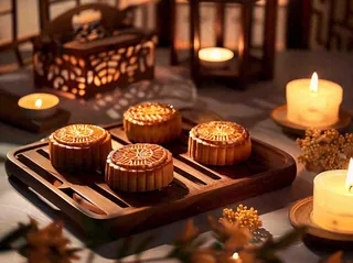 月饼中秋美食蜡烛节日氛围装饰摄影图