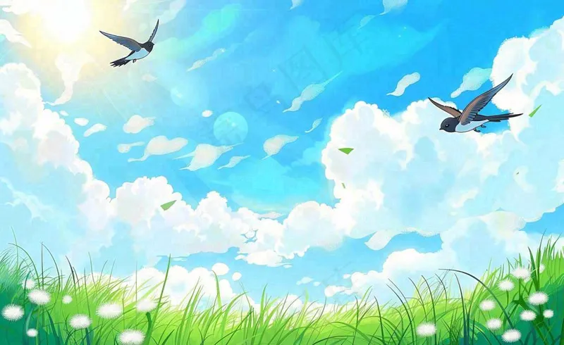 春天绿色草地草丛蓝天白云立春春分惊蛰节气卡通插画背景(1408x864)