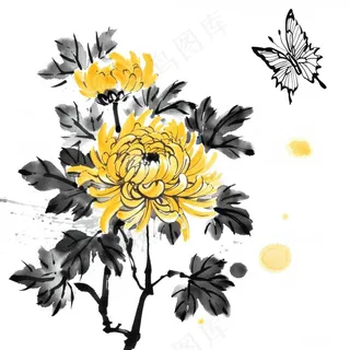 水墨菊花蝴蝶清明中秋插画免抠