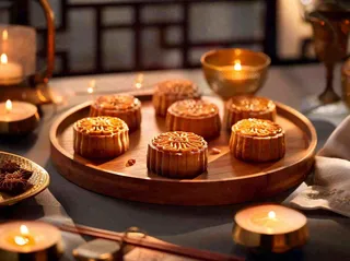 月饼中秋美食蜡烛节日氛围装饰摄影图