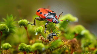 苔藓草地上的昆虫春天摄影图