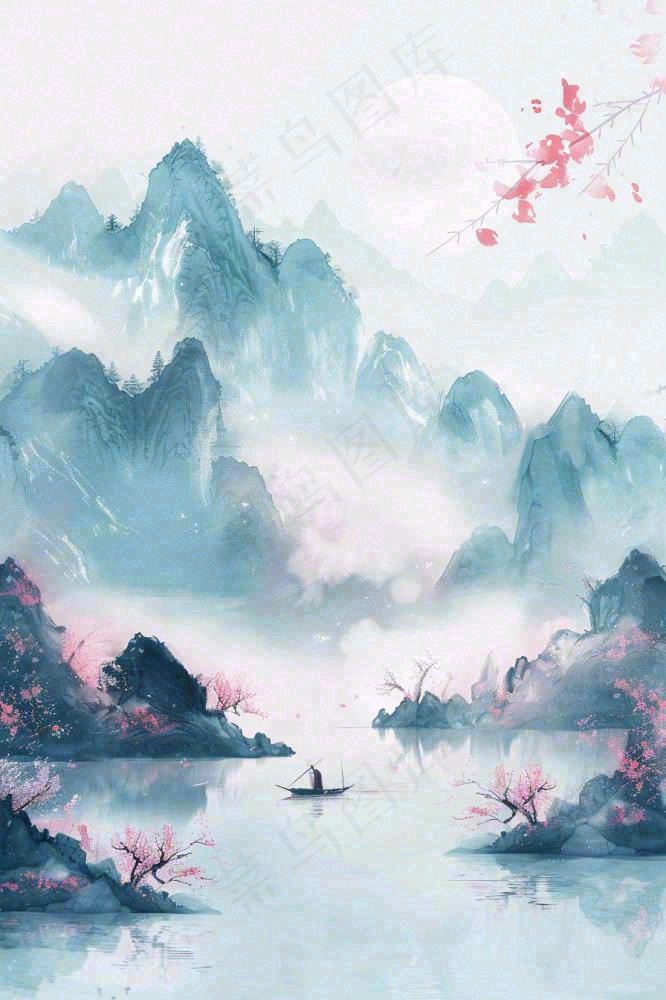 中国风水墨山水画梅花遍地开船春天春分清明插画背景(896x1344)
