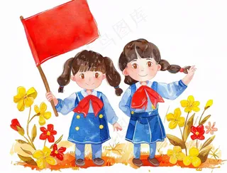 学生举着旗帜红旗青少年青年祖国花朵卡通插画免抠