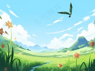 春天草坪草原绿叶花丛蓝天白云卡通插画背景