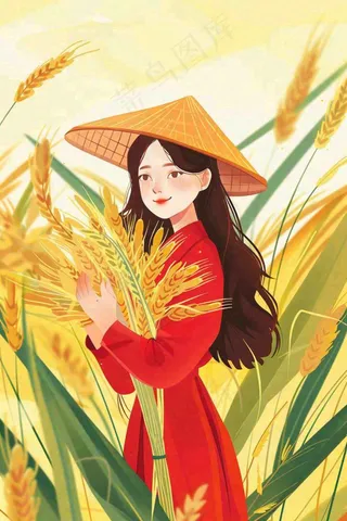 丰收季女孩抱着麦穗金黄的小麦稻穗农田芒种小满秋分立秋卡通插画背景