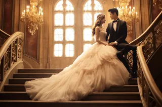 婚纱西装的新婚夫妇婚纱照教堂摄影图