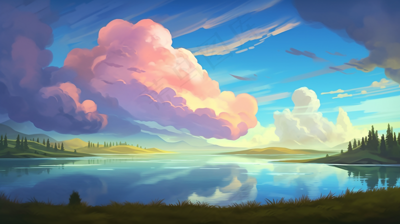 春夏落日余晖草原湖泊卡通插画背景(4368x2448)
