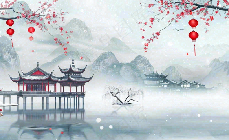 冬天雪景江南风景梅花枝头凉亭红灯笼寒露小雪冬至立冬卡通插画背景(1408x864)