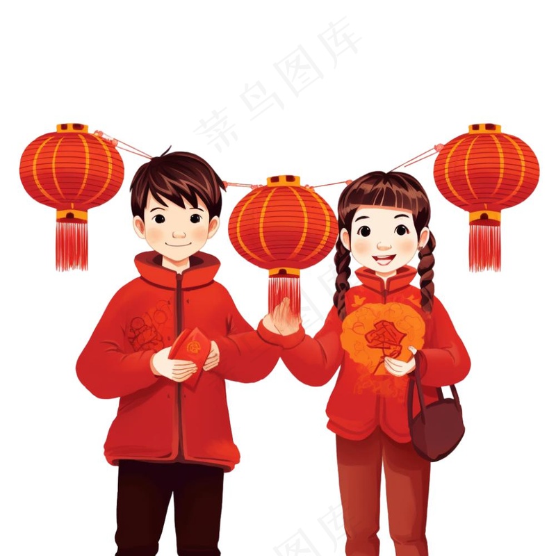 新年儿童拜年张灯结彩国潮春节红色手绘卡通插画免抠(1024x1024)