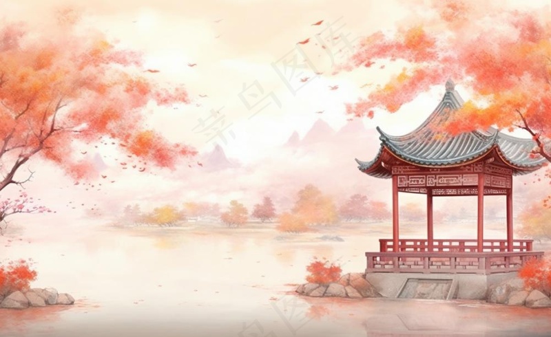 秋季枫叶晚亭山水湖面倒影美景中国风水墨画插画背景(1408x864)