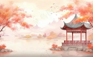 秋季枫叶晚亭山水湖面倒影美景中国风水墨画插画背景