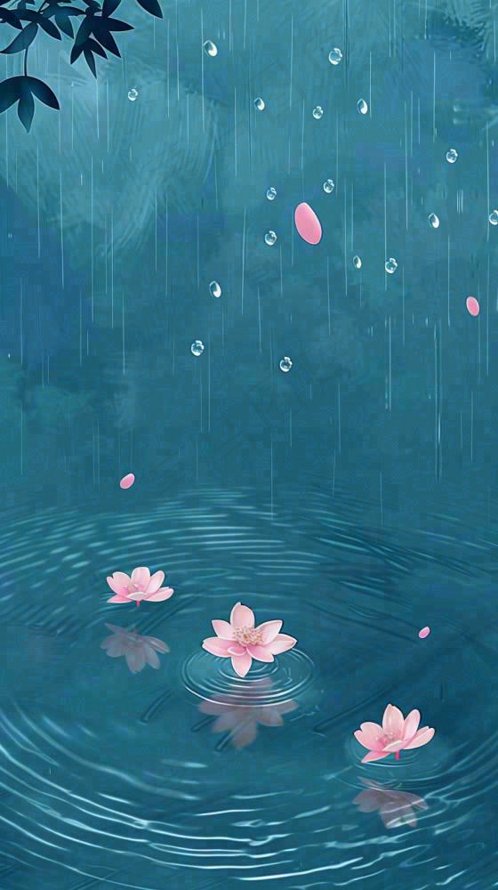雨天雨滴低落水面泛起涟漪粉色花朵雨水谷雨寒露背景(816x1456)