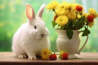 可爱小白兔花瓶绿色背景摄影图