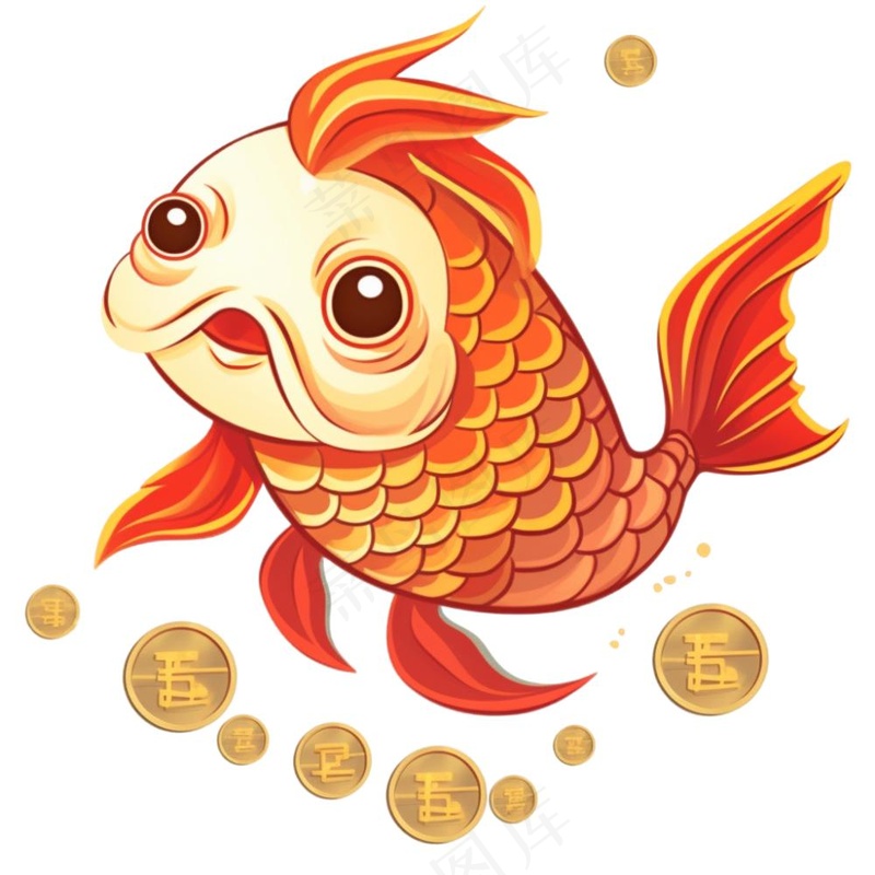 金鱼吐金币新年财富喜庆招财进宝卡通插画免抠(1024x1024)