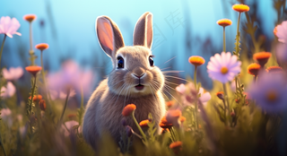 花丛里的小兔子可爱动物摄影图