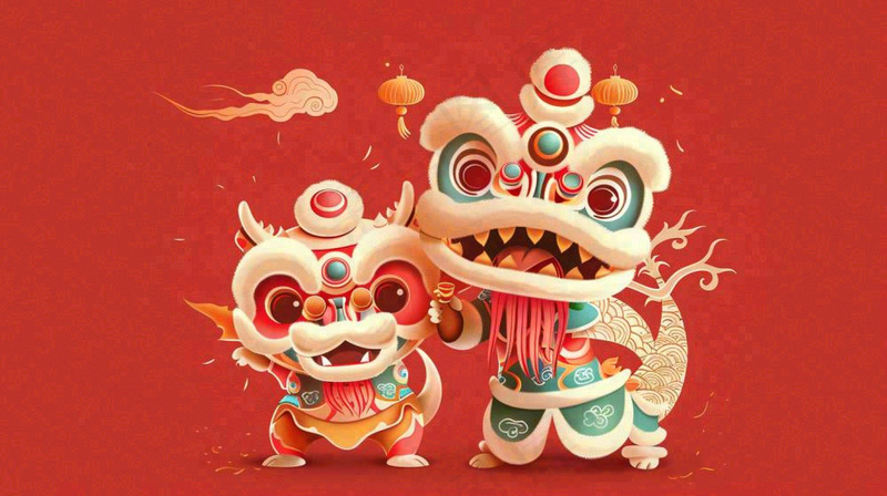 中国式舞狮舞龙卡通插画新年春节节日庆祝红色背景(1456x816)