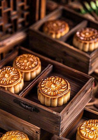 中国传统美食月饼中秋木质礼盒精美礼品摄影图