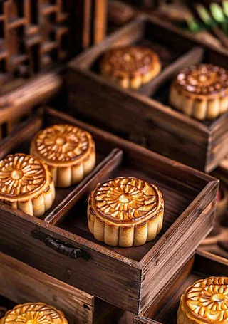 中国传统美食月饼中秋木质礼盒精美礼品摄影图