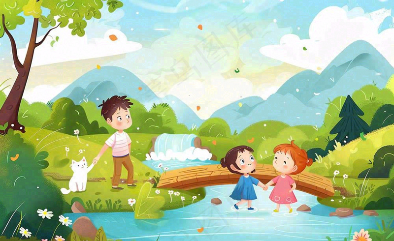 春天出游踏青森林公园小溪小桥樱花小孩宠物立春春分惊蛰绿色卡通插画背景
