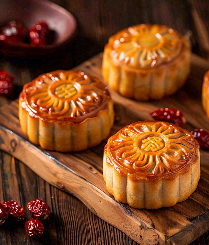 中国美食月饼糕点中秋木质托盘摄影图