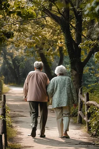 老年夫妇夫妻牵手漫步摄影图 