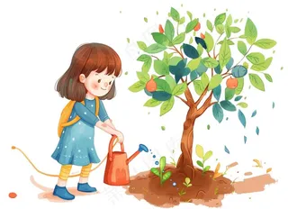 植树节学生们植树浇水爱护环境卡通插画免抠