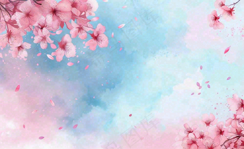 春季出游浪漫水彩樱花蓝粉色樱花林立春春分插画背景(1408x864)