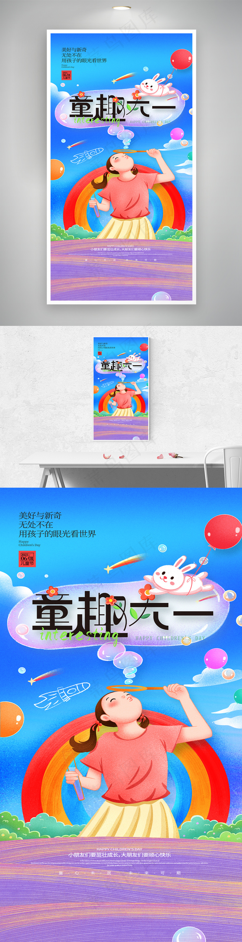吹泡泡61儿童节童趣六一海报psd模版下载