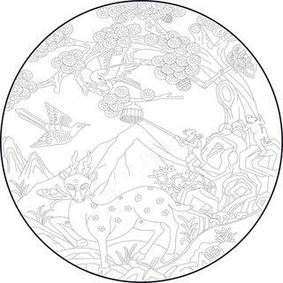 鹿与松树圆形雕刻图