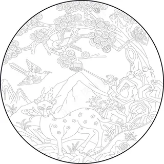 鹿与松树圆形雕刻图