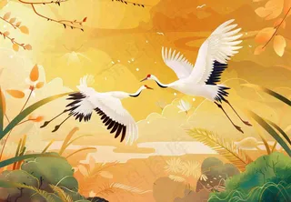 金色银杏仙鹤重阳节山脉中式祥云山水秋天古风中国风手绘背景重阳节