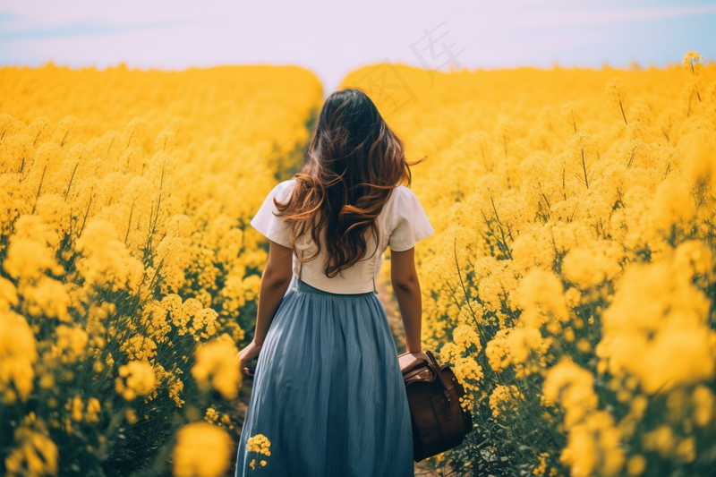 春天油菜花田女孩背景摄影图