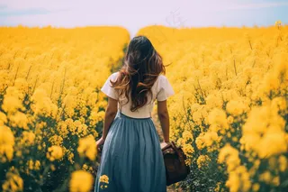 春天油菜花田女孩背景摄影图