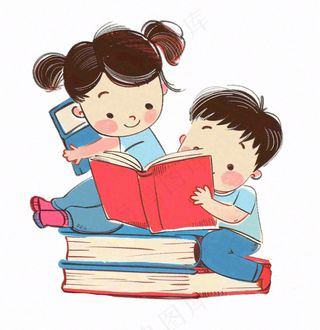 坐着书本上的学生阅读看书人物卡通插画免抠