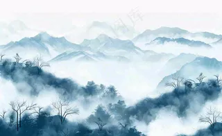 中国风水墨山水画青山山峦叠嶂云雾清明端午寒露古风插画背景