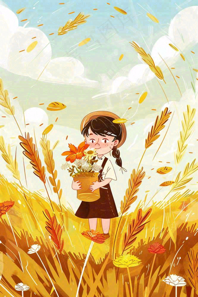 秋意浓丰收季女孩农场采收大雁芒种立秋秋分插画背景(896x1344)