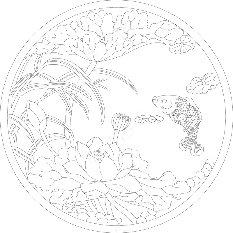 莲年有鱼圆形雕刻图