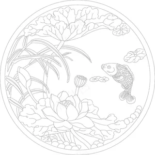 莲年有鱼圆形雕刻图